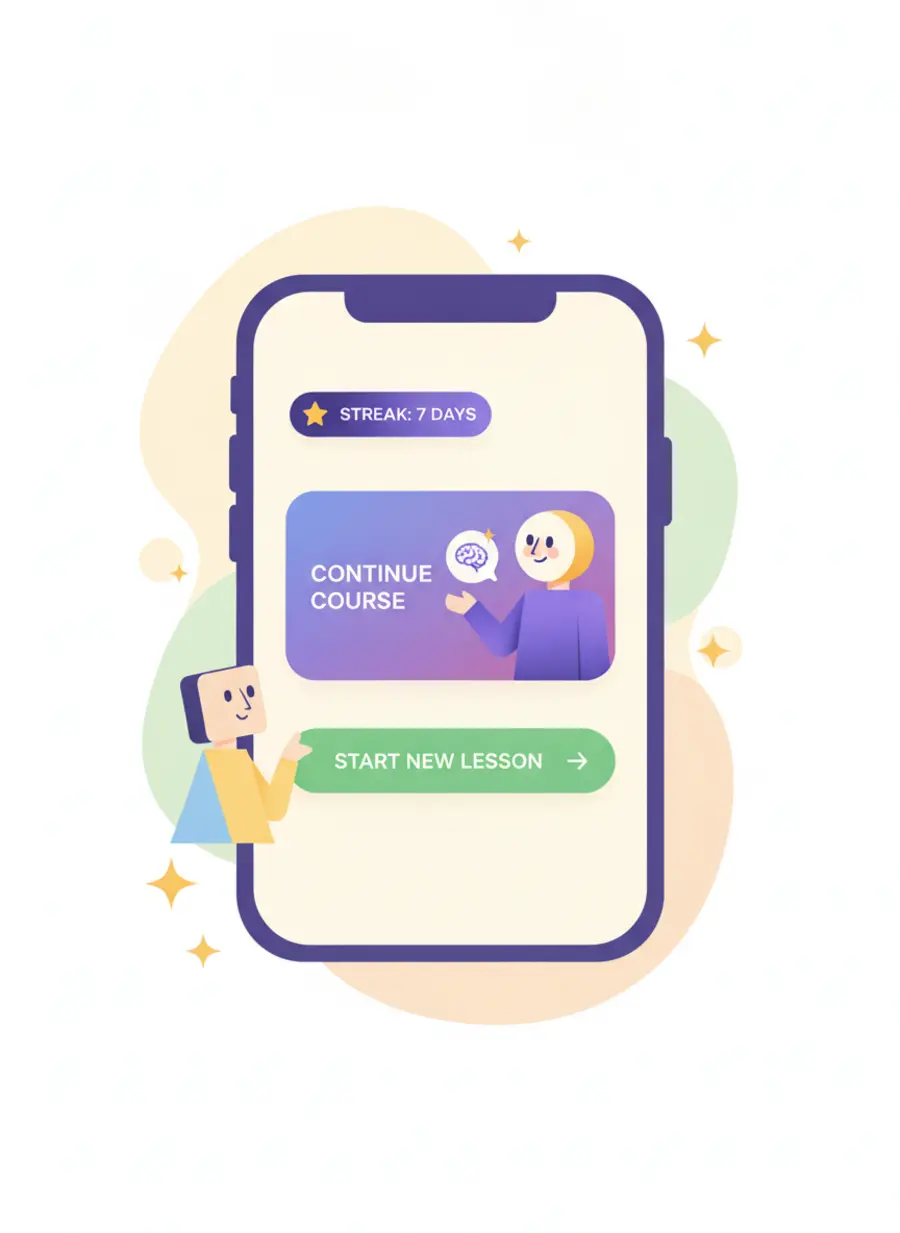 Skillzy app home with streak, courses, and continue learning